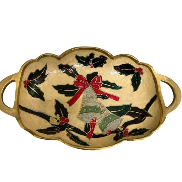 Vintage Enamel on Brass Christmas Bell with Holly Trinket Tray - Picture 5 of 6